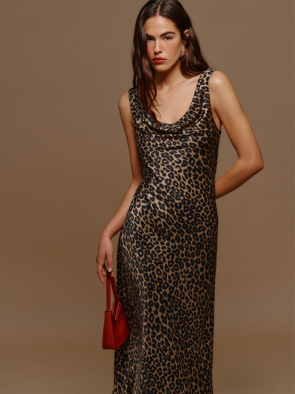 Reformation Annabelle silk leopard print maxi dress with wide sleeves and cowl neck. 