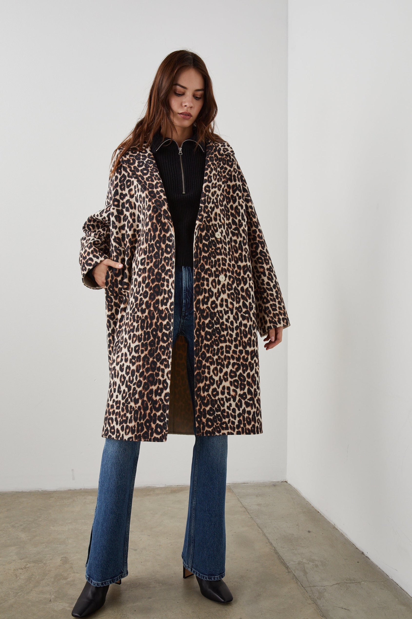 Rails Lore Leopard Print long wool coat with. button fastening, side pockets and cocoon fit. 