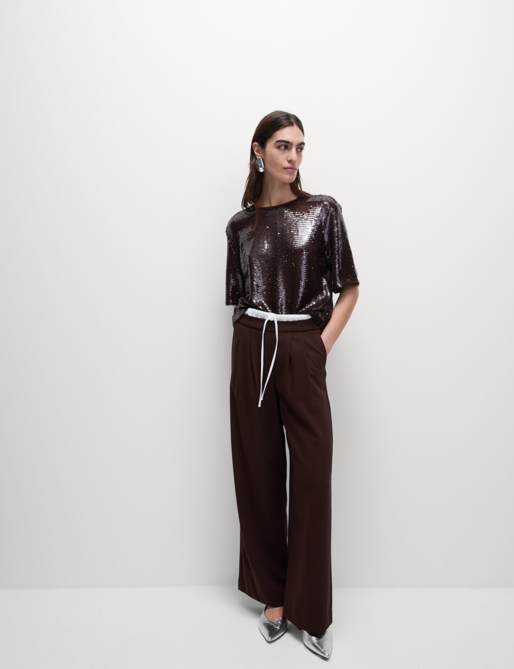 christmas party outfit trends 2024 - M&S Collection chocolate brown Sequin Top
