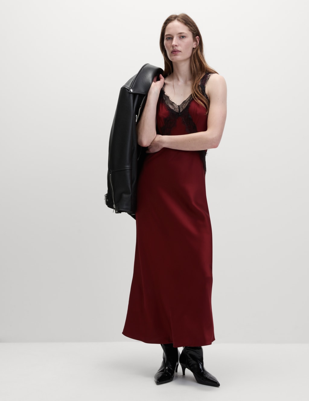 christmas party outfit trends 2024 - M&S burgundy satin slip with lace trim 